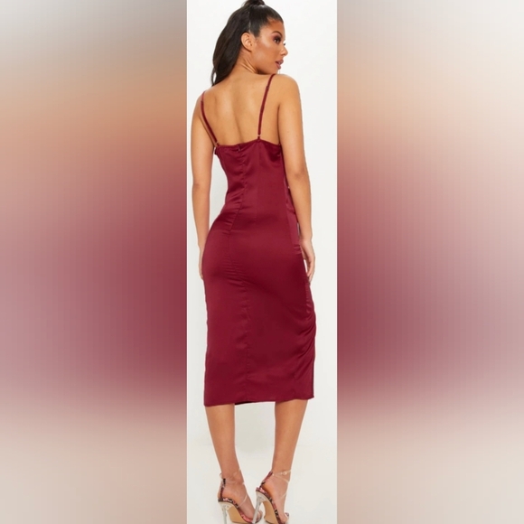 PrettyLittleThing Burgundy Strappy Satin Cowl Midi Dress - Picture 3 of 9